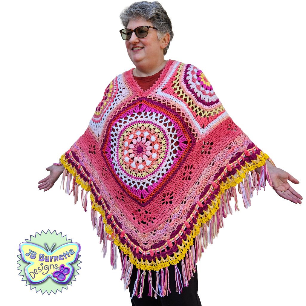 Handmade Crochet Boho Fringed Poncho In Orange, Pink, Yellow